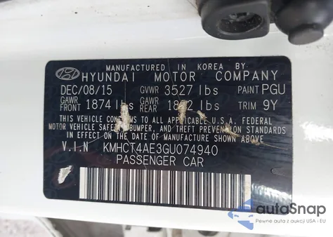 2016 Hyundai Accent Se from USA, damaged, VIN KMHCT4AE3GU074940